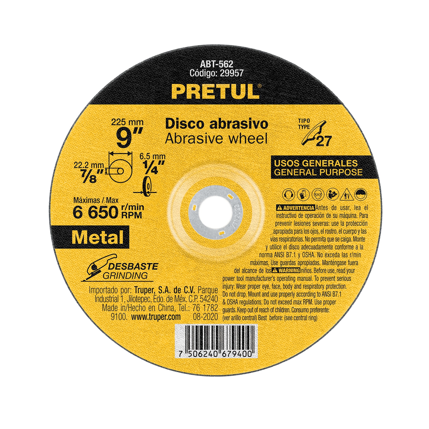 DISCO TIPO 27 DE 9' X 6.2 MM DESBASTE DE METAL, PRETUL