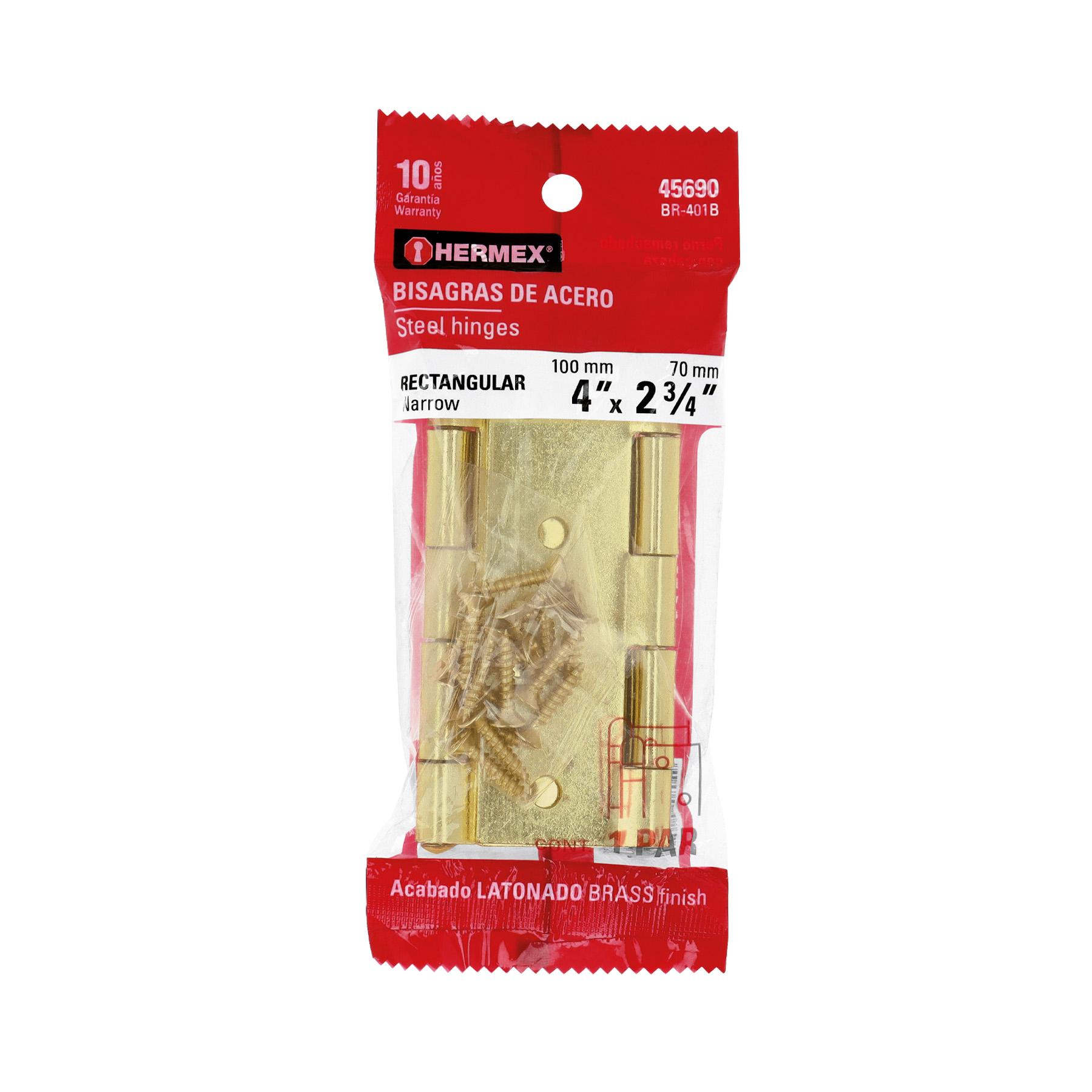 "PAR DE BISAGRAS RECTANGULARES DE ACERO 4"", LATONADO"