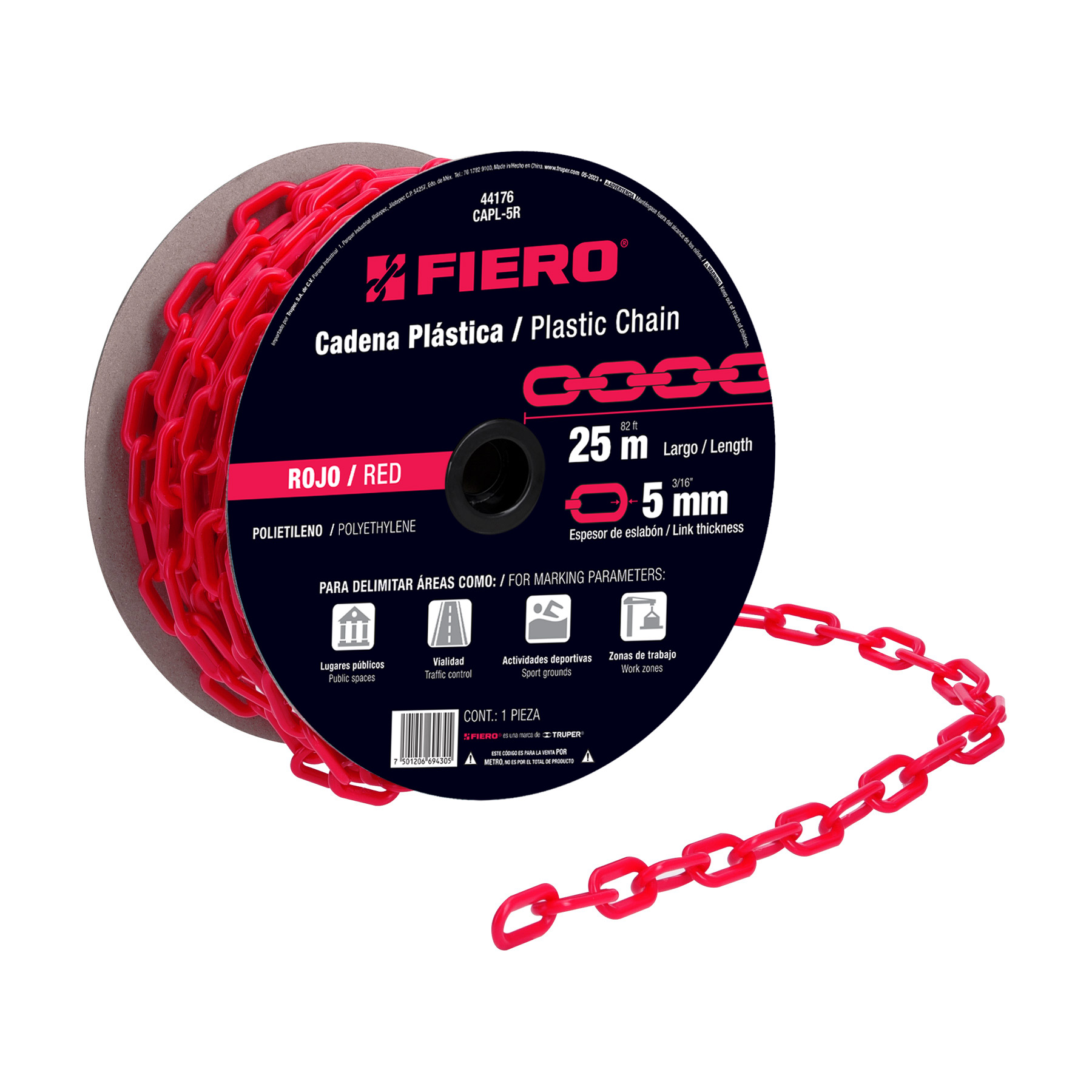 METRO DE CADENA DE 5 MM DE PLÁSTICO ROJA, CARRETE DE 25 M