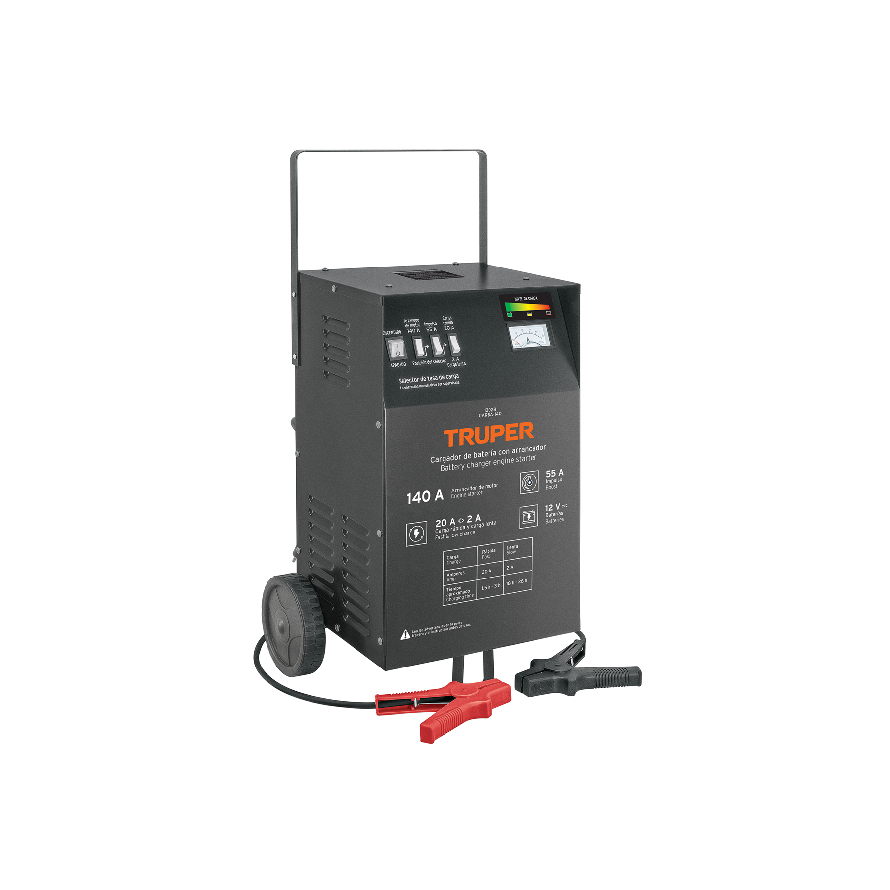 CARGADOR DE 140 A PARA BATERÍAS DE 12 V, CON RUEDAS, TRUPER