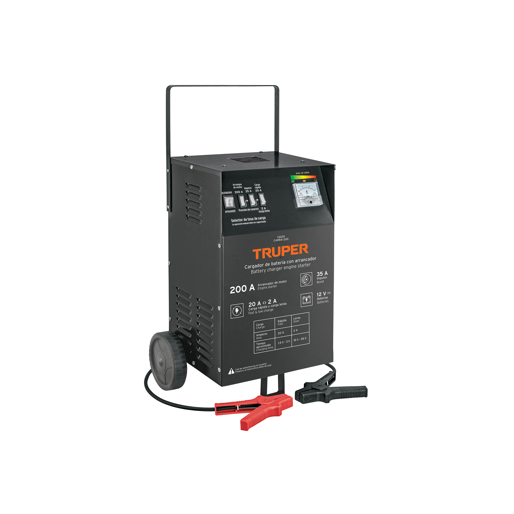 CARGADOR DE 200 A PARA BATERÍAS DE 12 V, CON RUEDAS, TRUPER