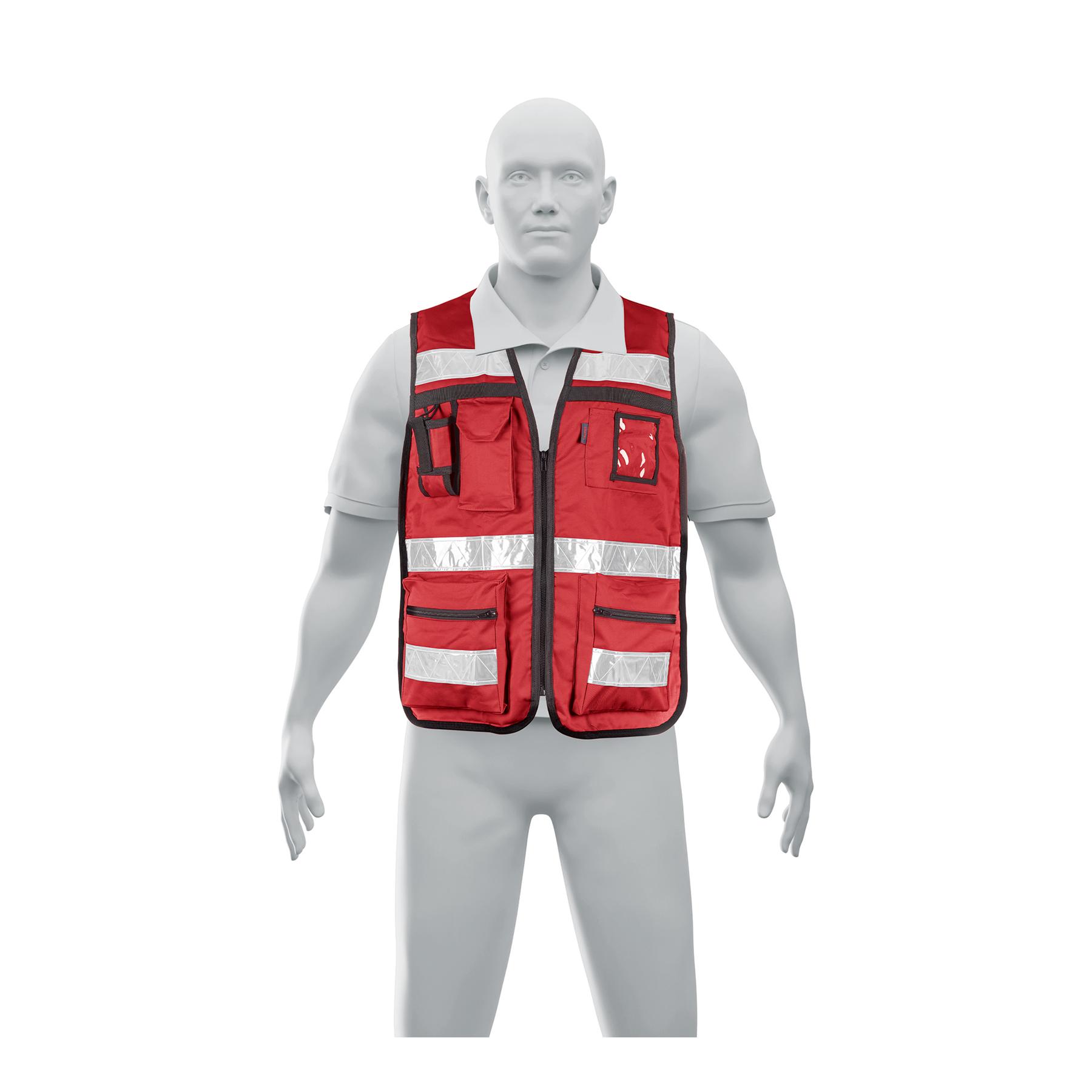 CHALECO BRIGADISTA CON CINTAS REFLEJANTES, COLOR ROJO