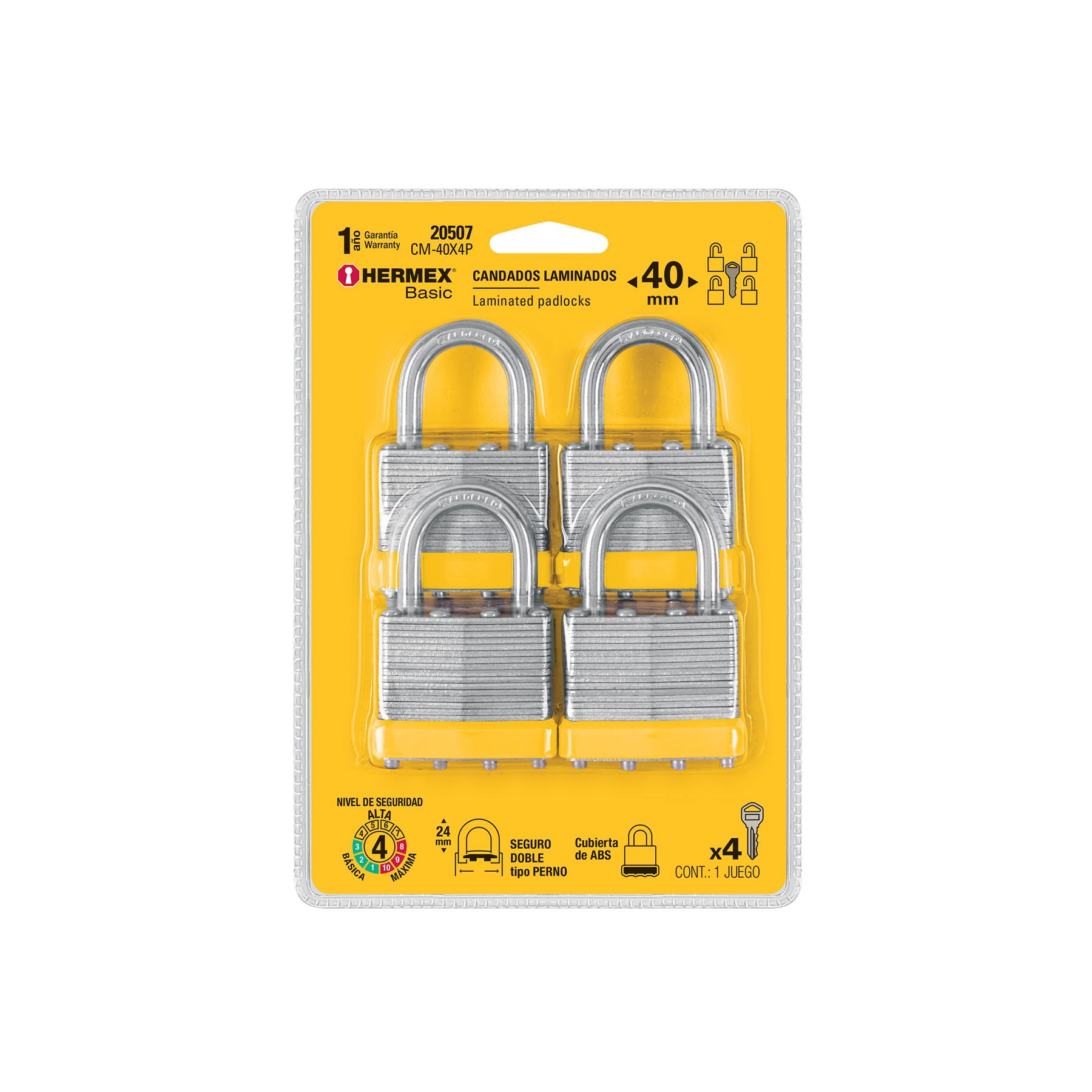 JUEGO DE 4 CANDADOS CUERPO LAMINADO, 40 MM, HERMEX BASIC