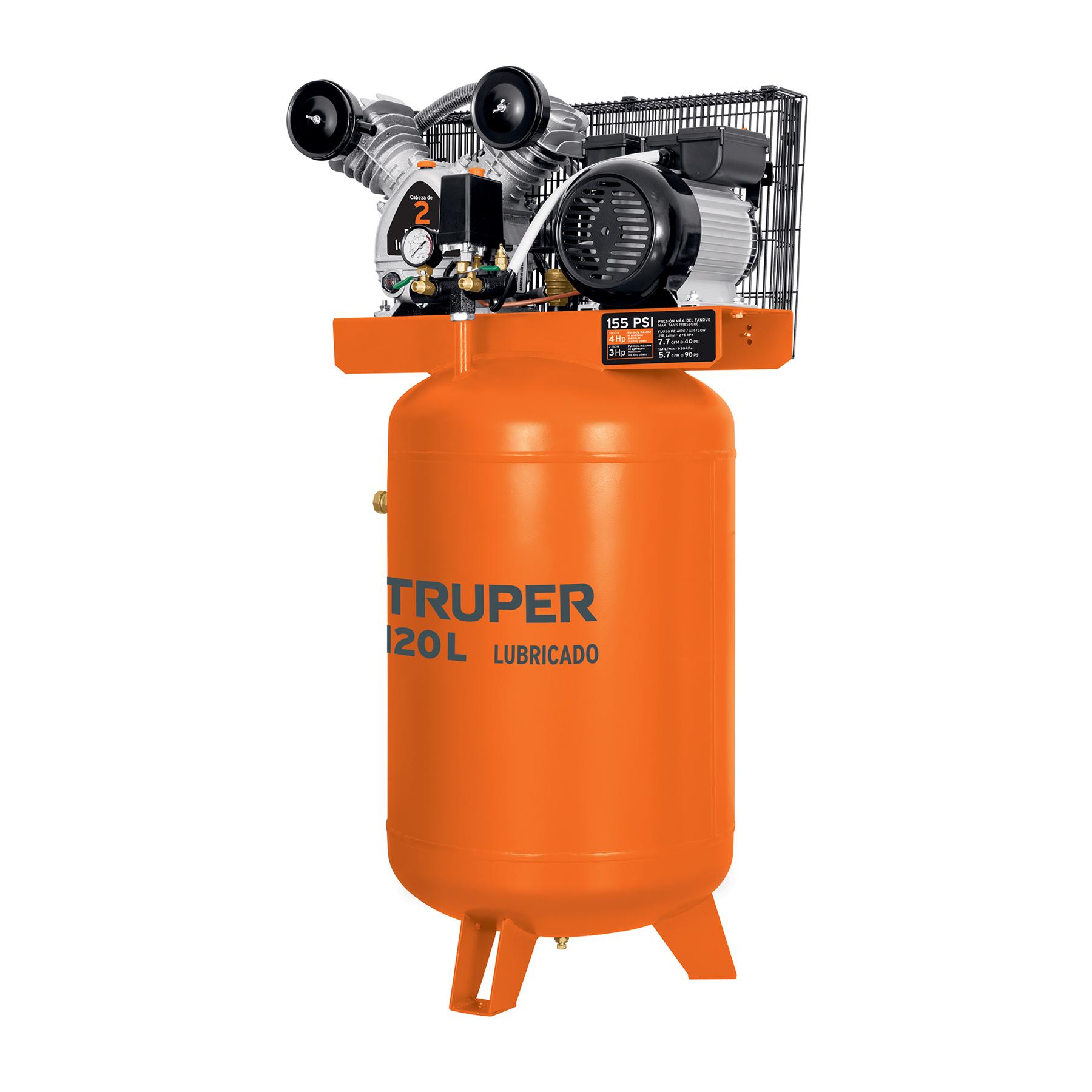 COMPRESOR LUBRICADO DE BANDA, VERTICAL 120L, 4HP 220V TRUPER