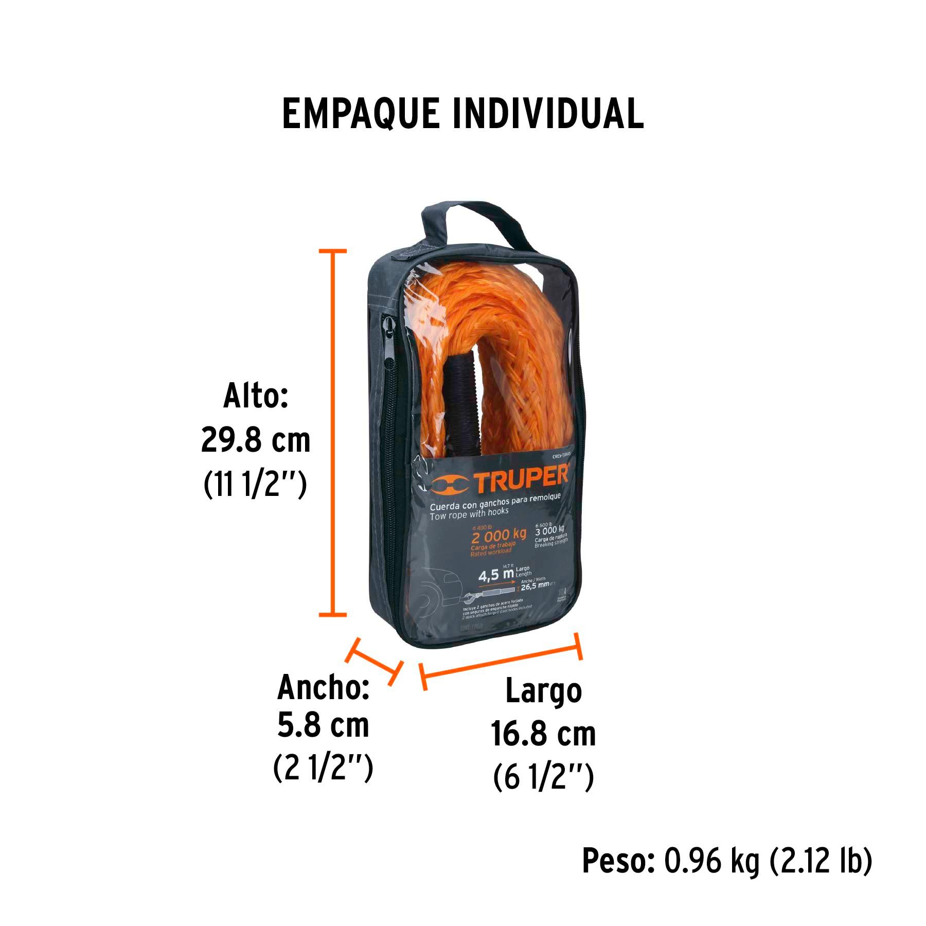 CUERDA PARA REMOLQUE CON GANCHOS 7/8' X 4.5 M, TRUPER