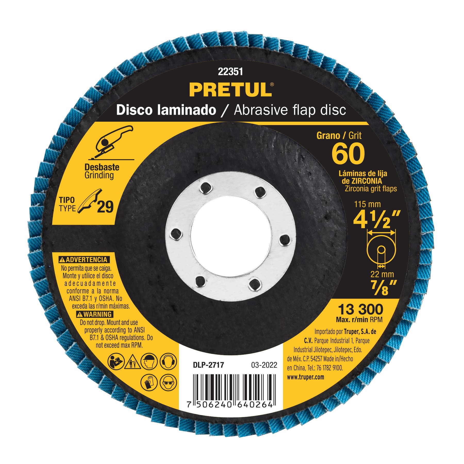 DISCO 4-1/2' LAMINADO GRANO 60 CENTRO 7/8', PRETUL