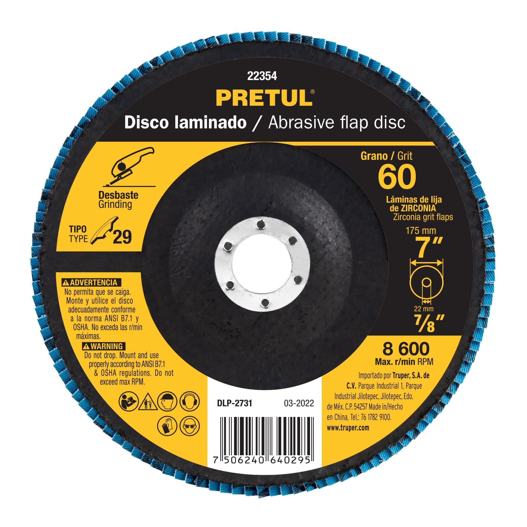 DISCO 7' LAMINADO GRANO 60 CENTRO 7/8', PRETUL