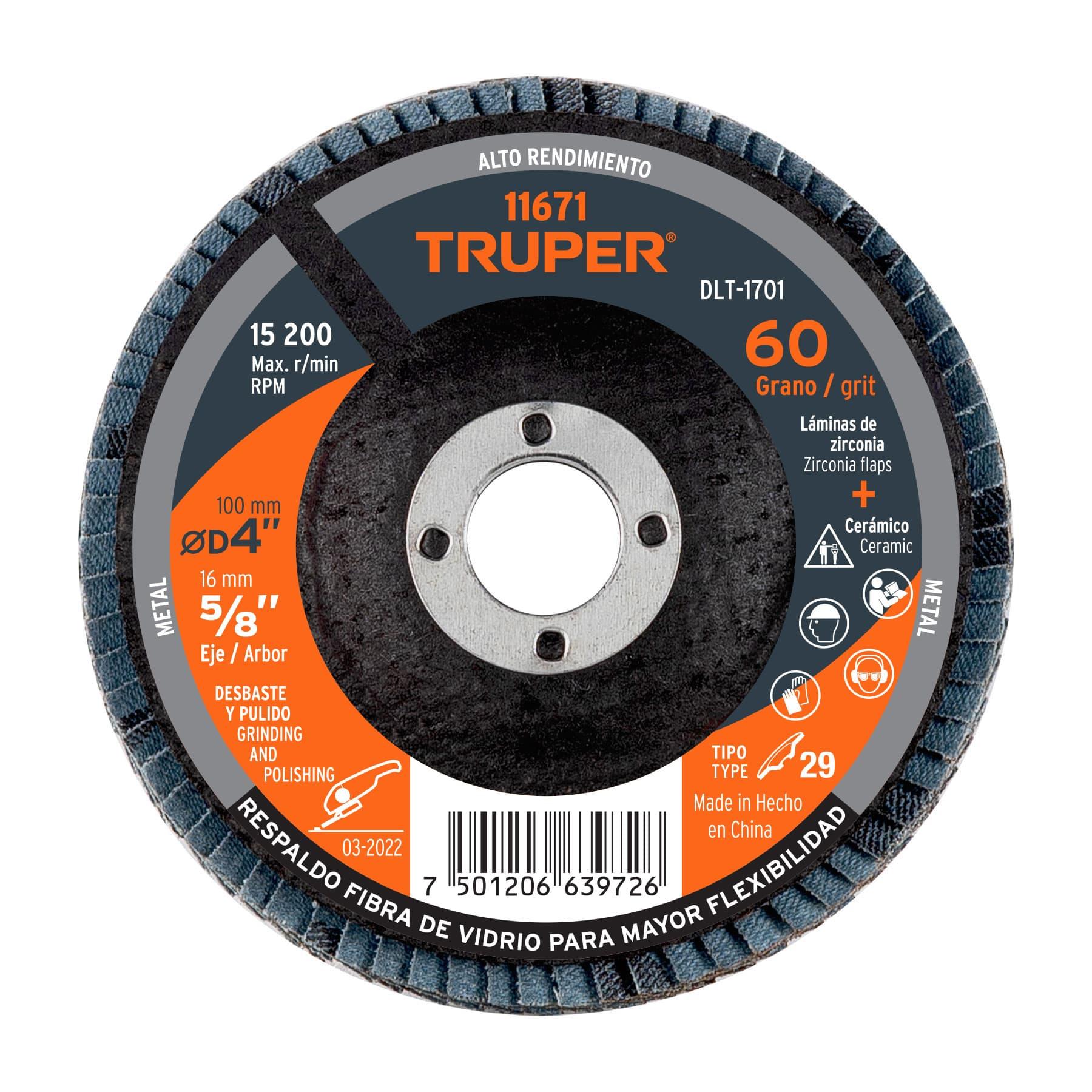 DISCO LAMINADO 4', GRANO 60 CENTRO 5/8', TRUPER