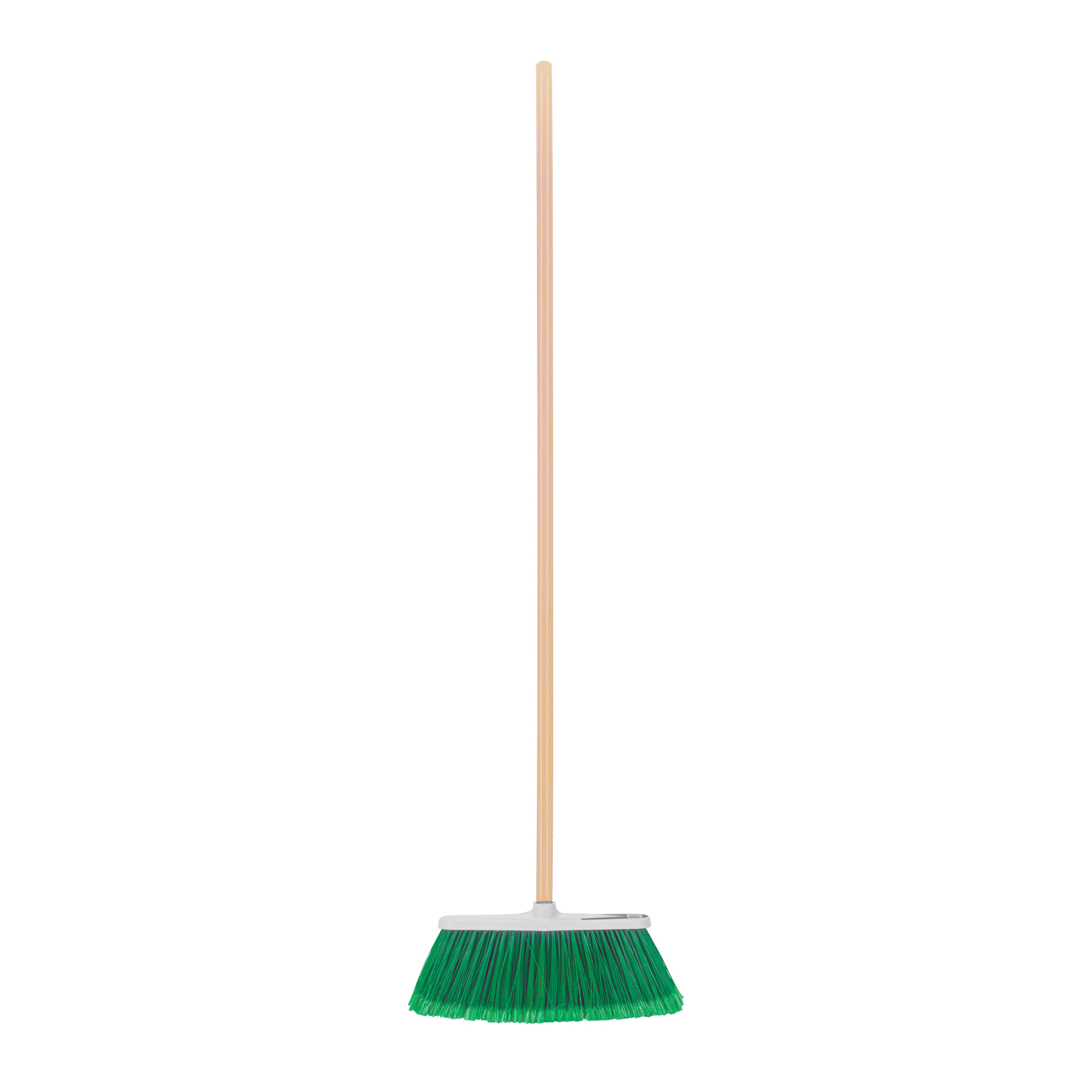 ESCOBA GRANDE TIPO CEPILLO, CERDAS DE PVC, BASTÓN DE MADERA