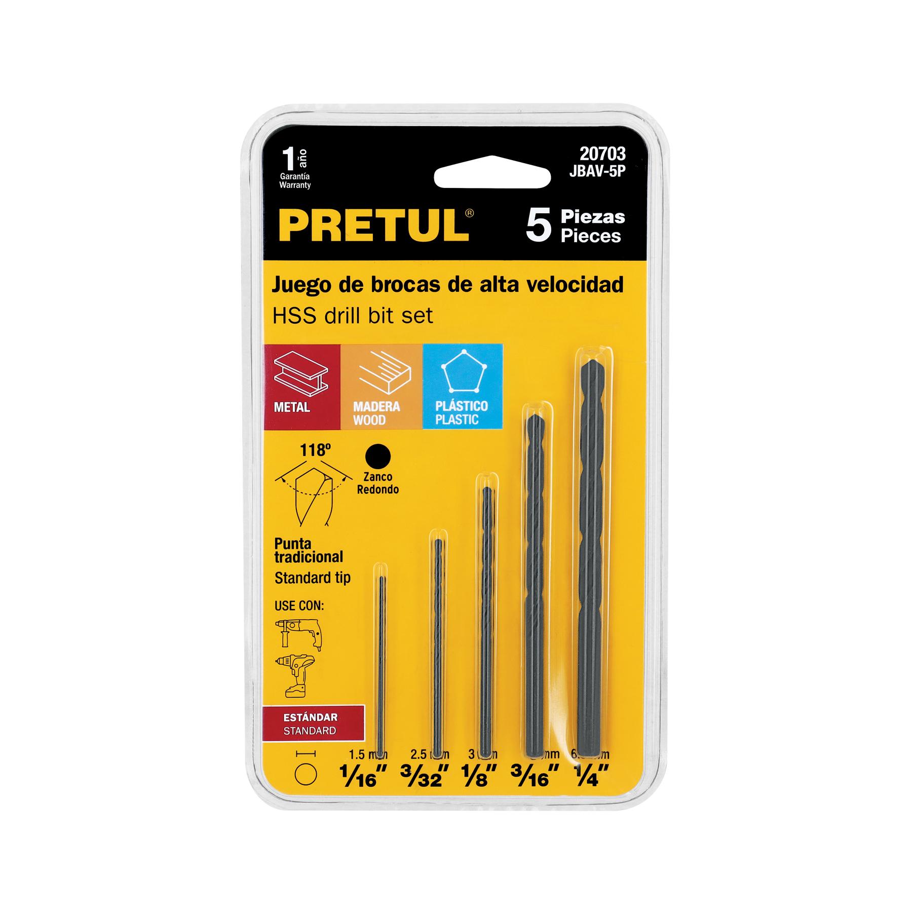 JUEGO DE 5 BROCAS HSS PARA METAL, PRETUL