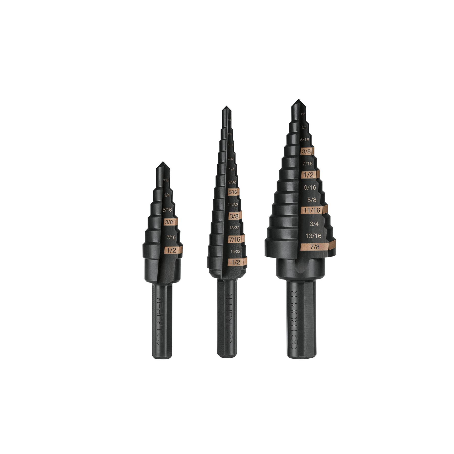 JUEGO DE 3 BROCAS ESCALONADAS DE ÓXIDO NEGRO, TRUPER