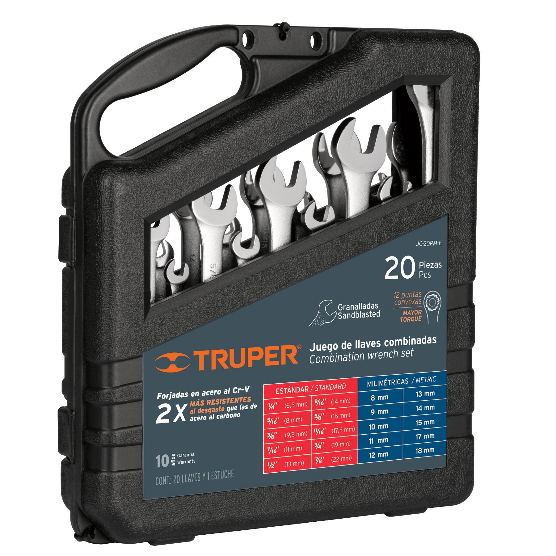 JUEGO DE 20 LLAVES COMBINADAS STD Y MM GRANALLADAS, TRUPER