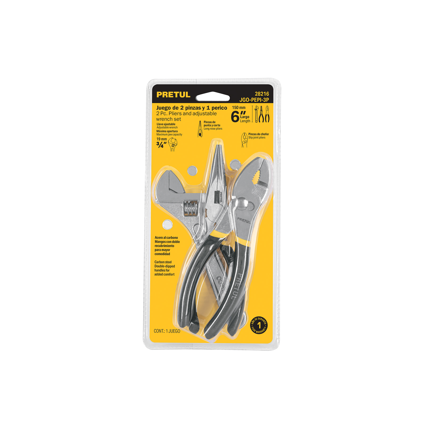 JUEGO DE 2 PINZAS Y 1 LLAVE AJUSTABLE MANGO DE VINIL, PRETUL