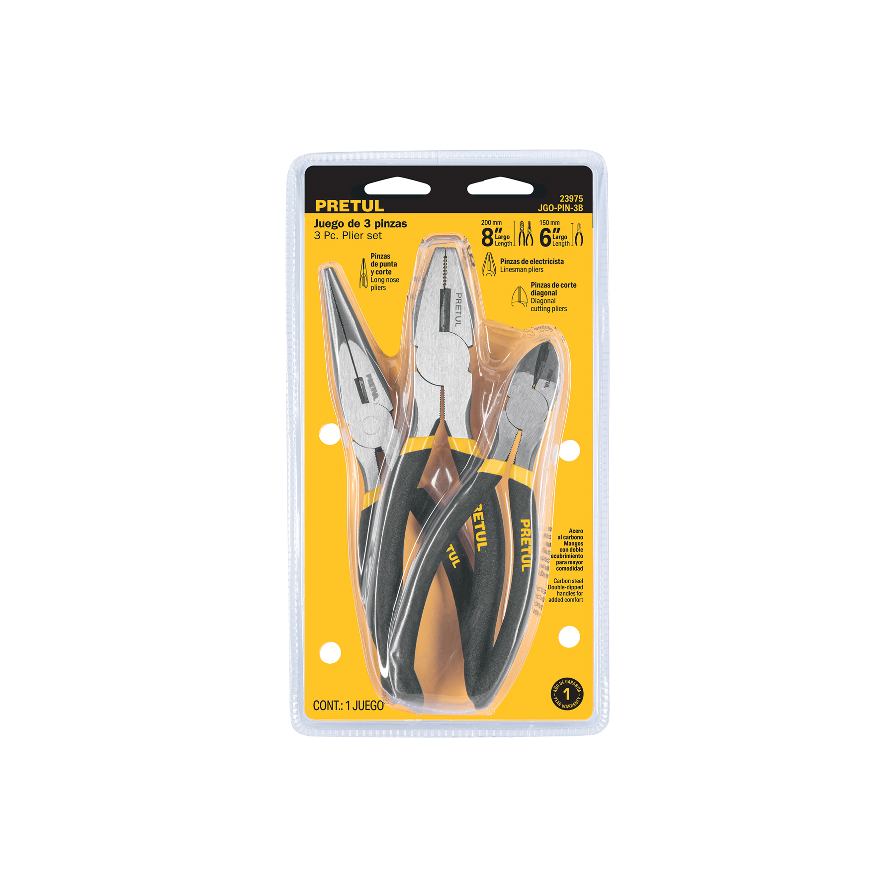 JUEGO DE 2 PINZAS DE 8' Y 1 DE 6' MANGO DE VINIL, PRETUL