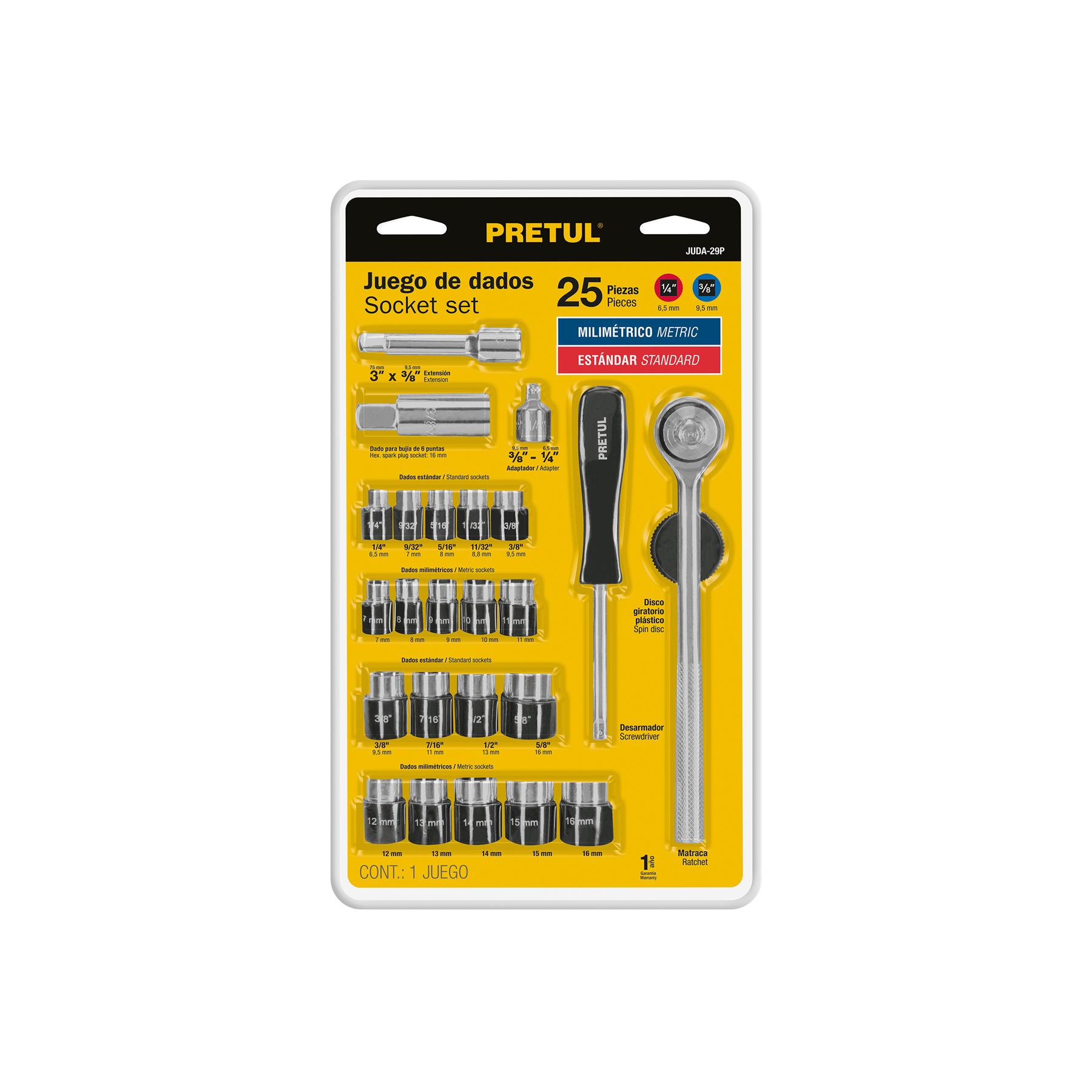 JUEGO DE 25 HERRAMIENTAS 1/4' Y 3/8' PARA MECÁNICO, PRETUL
