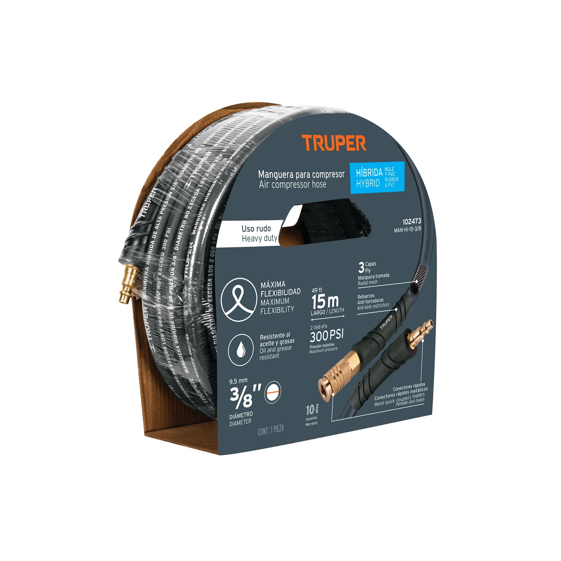 MANGUERA HÍBRIDA PARA COMPRESOR, 15 M X 3/8', TRUPER