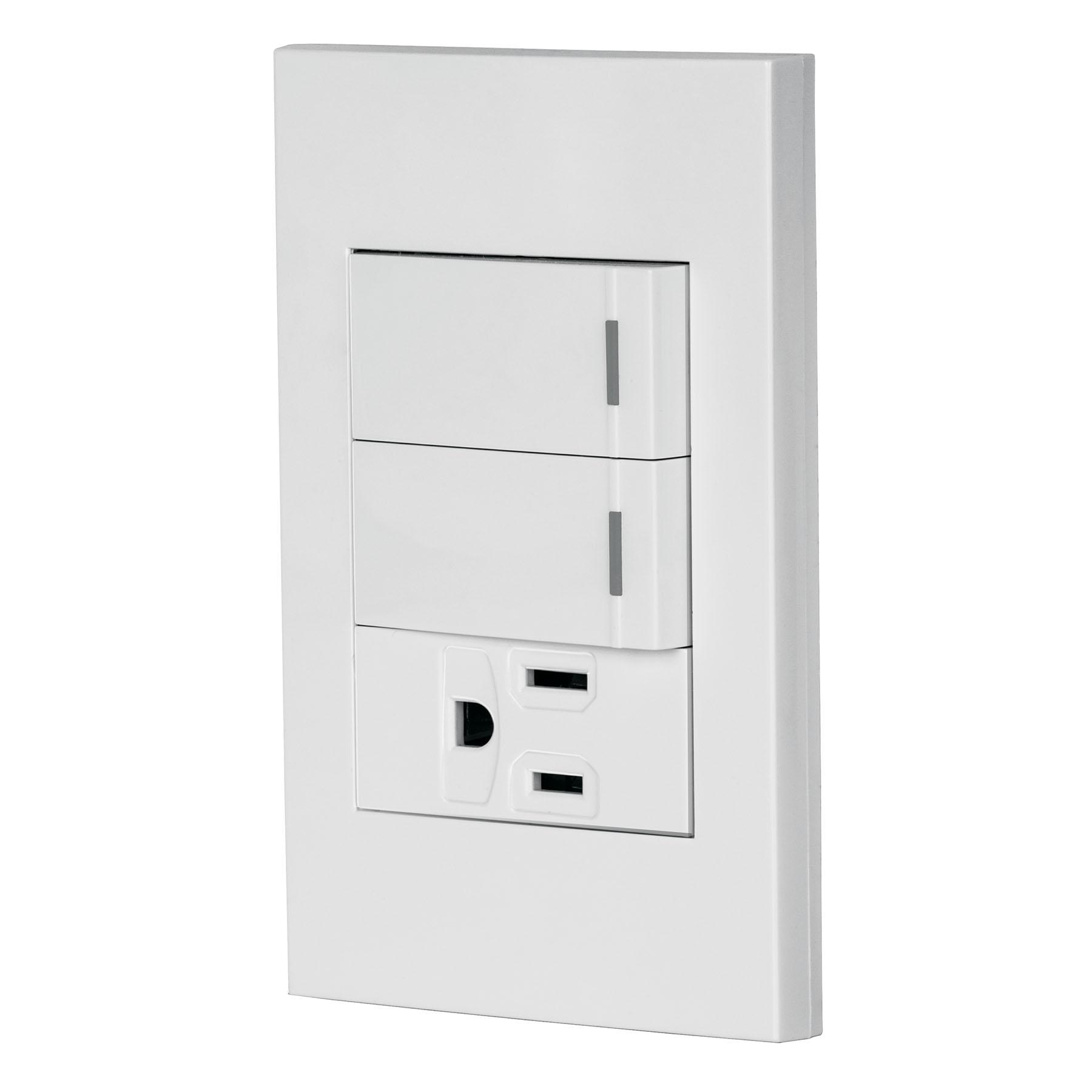 PLACA ARMADA 2 INTERRUPTORES,1 CONTACTO,1MOD,ESPAÑOLA,BLANCO