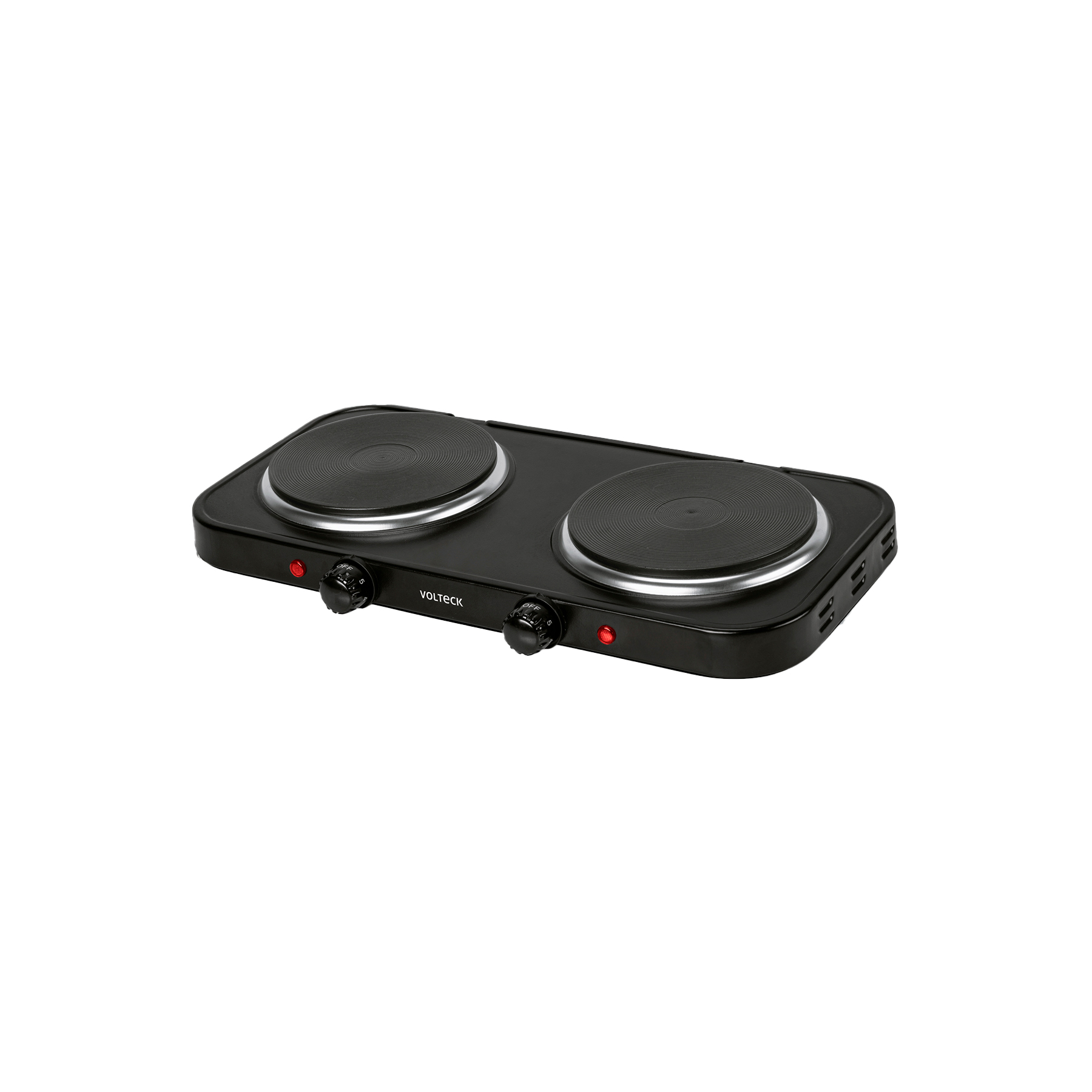 PARRILLA ELÉCTRICA DOBLE QUEMADOR TIPO DISCO, NEGRA, VOLTECK