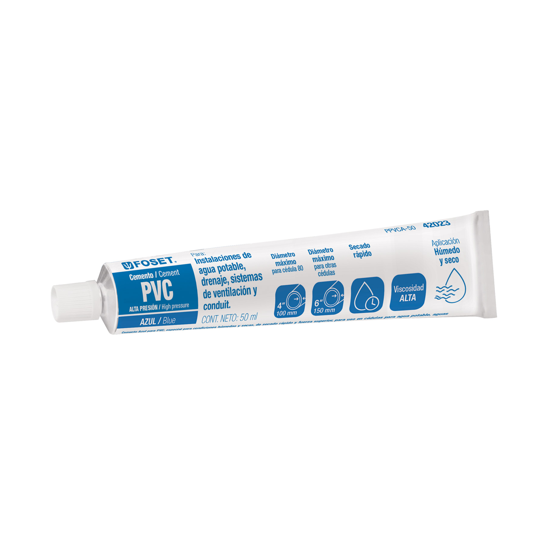 CEMENTO AZUL PARA PVC EN TUBO DE 50 ML, ALTA PRESIÓN, FOSET