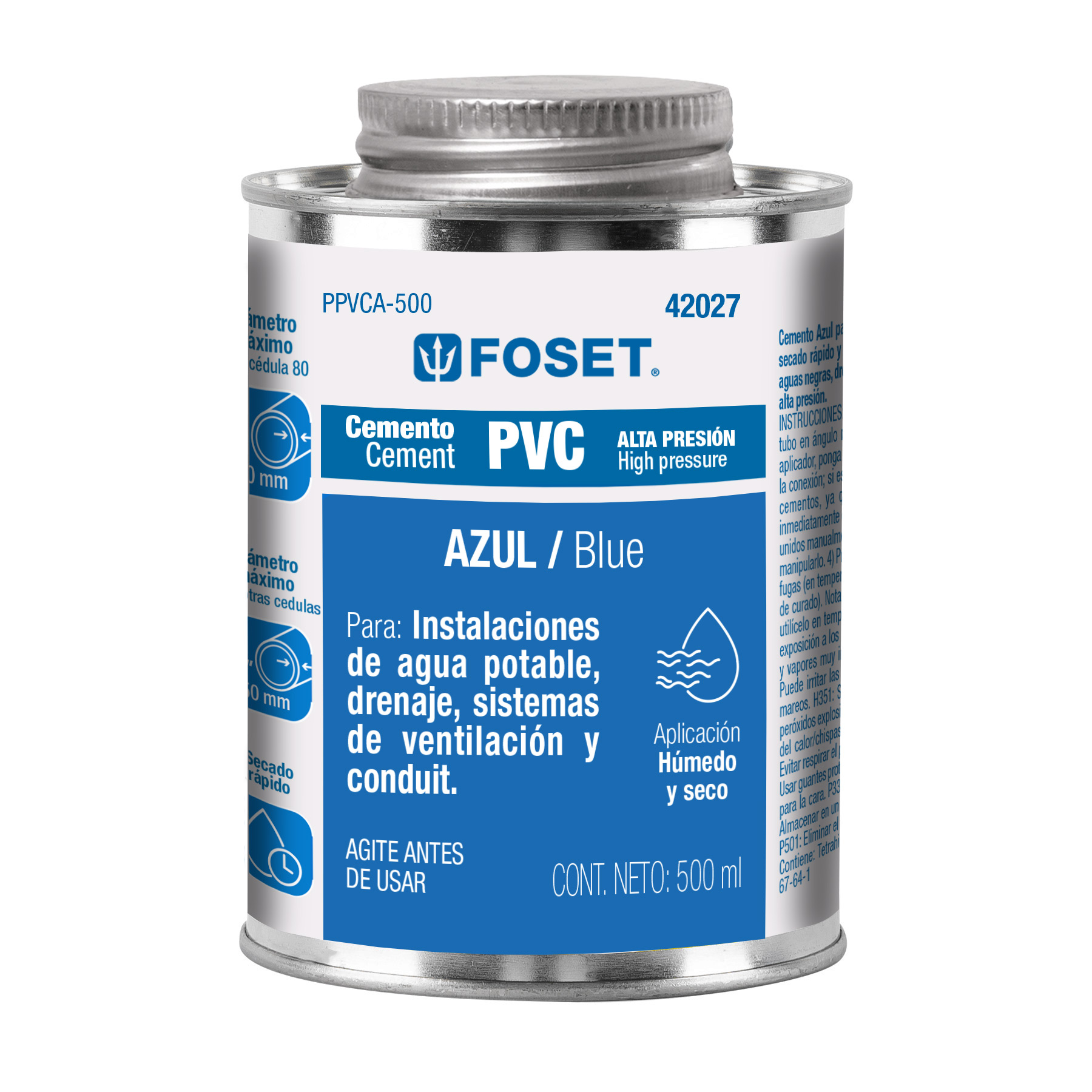 CEMENTO AZUL PARA PVC EN BOTE DE 500 ML, ALTA PRESIÓN, FOSET