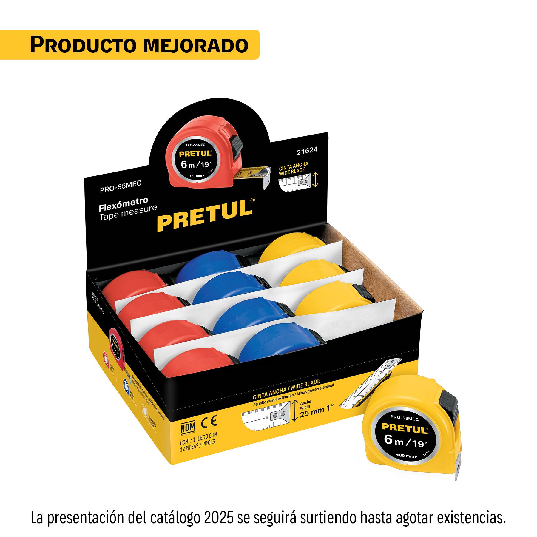 FLEXÓMETRO 5.5 M CINTA 25 MM, DISPLAY BOX CON 12 PZ, PRETUL