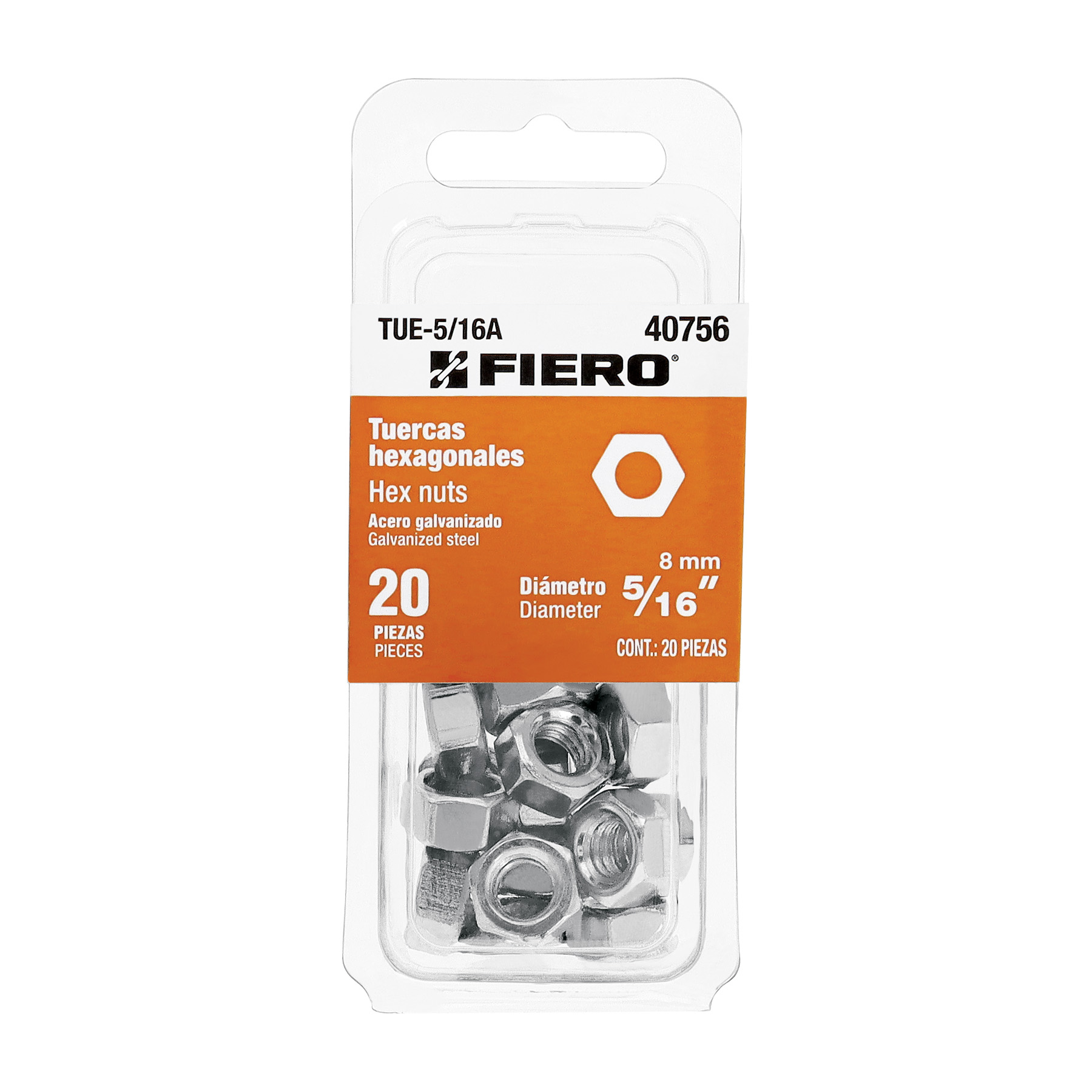 "BLÍSTER, 20 TUERCAS 5/16"" HEX ACERO GALV"